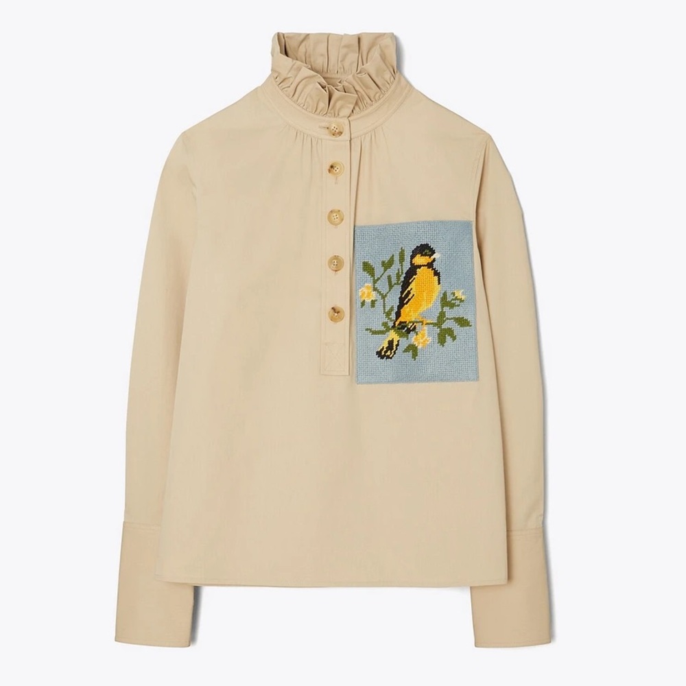 Tory Burch Cotton Poplin Needlepoint Pocket Shirt